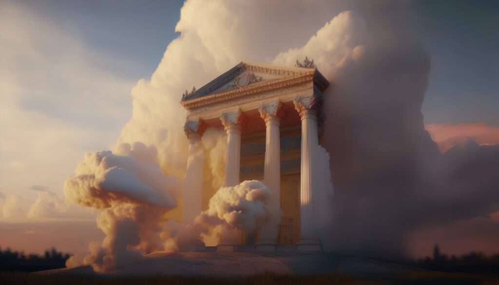 Site Institutionnel représenté par un bâtiment type panthéon Athénien sortant de nuages cotonneux.