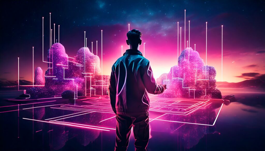 Intranet, un homme se tient devant un système lumineux rose de nuages et de lignes fluorescentes représentant l'intranet de son entreprise.