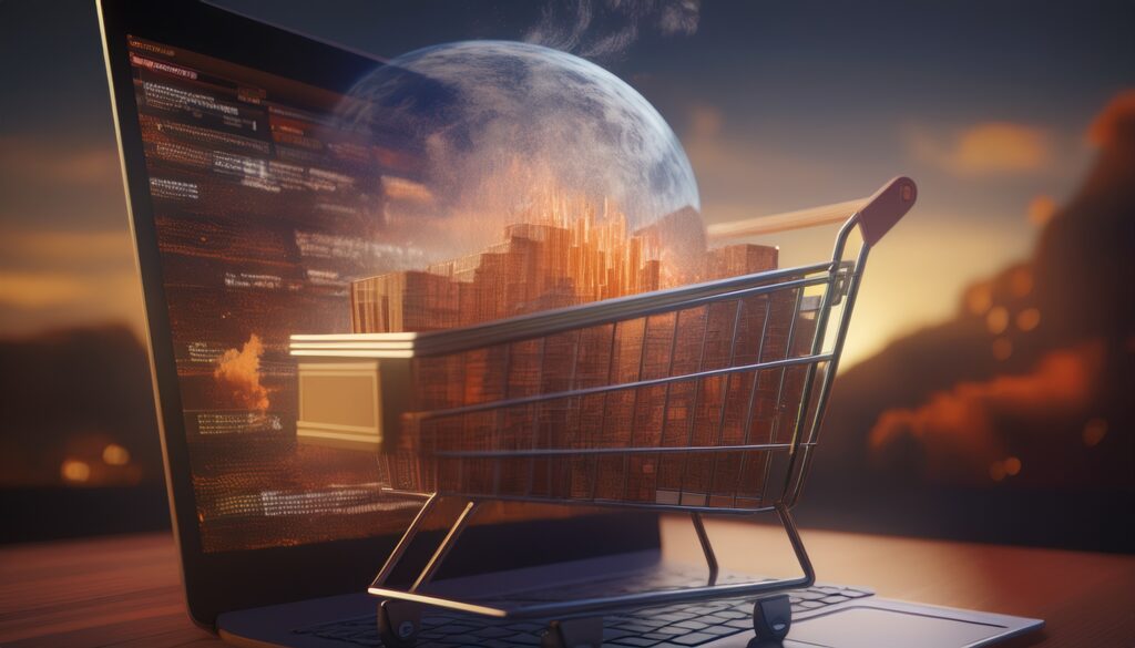 Le Site E-commerce est représenté par un chariot de magasin plein qui sort d'une clavier d'ordinateur et suggère que quelqu'un a fait ses courses en ligne.