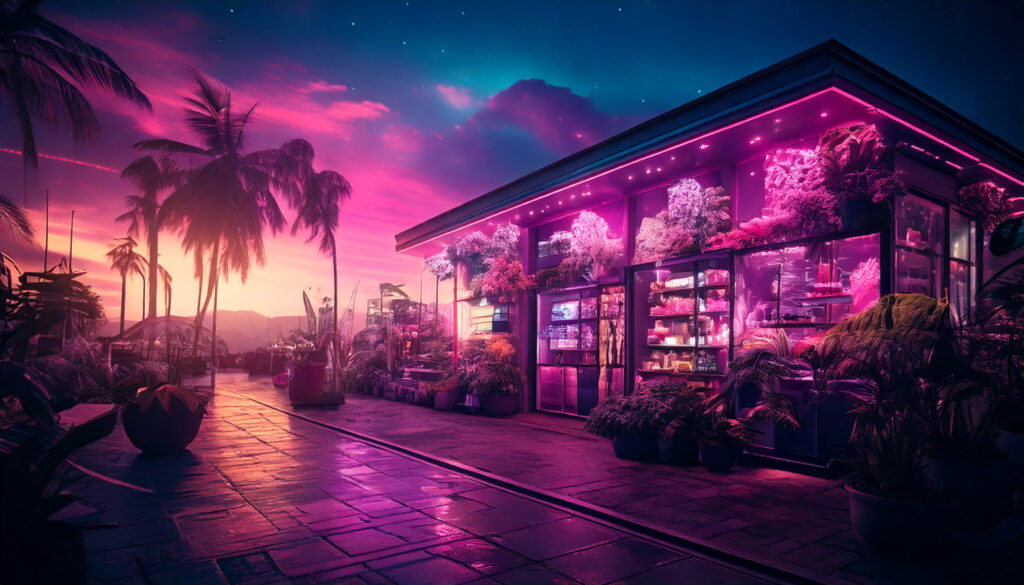 Site vitrine E-commerce, une place héberge une vitrine de magasin aux éclairages rose, sur fond de couché de soleil/