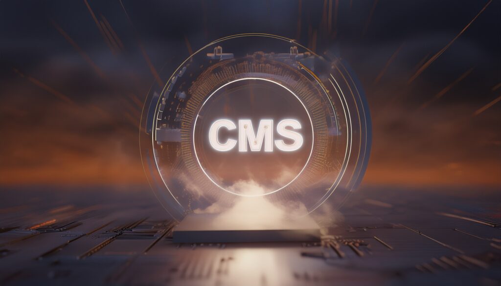 Le Content Manager Système est représenté par les lettres C, M et S lumineuses et blanches sur fond de circuits informatiques cuivrés.