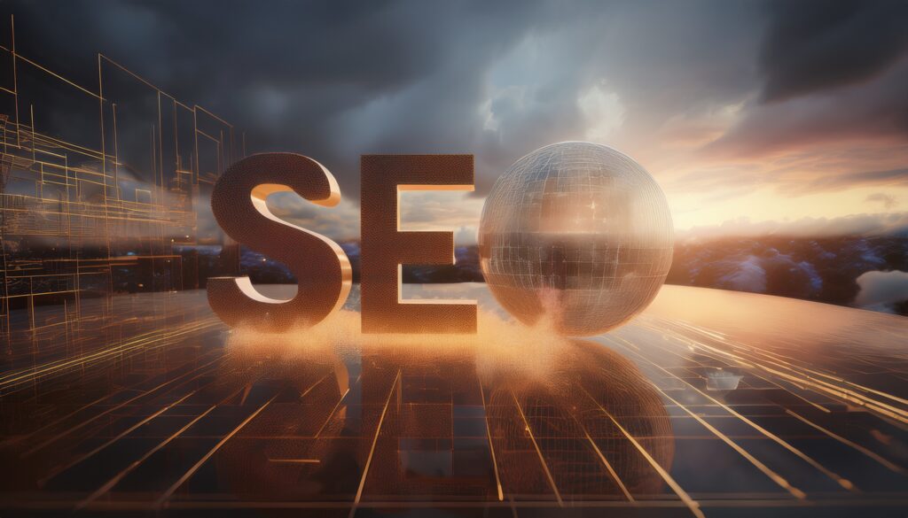 Le SEO est représenté par les lettres S, E et O sur un carrelage les reflétant, le O est une boule à facette de boite de nuit représentant la notoriété du site grâce au SEO;