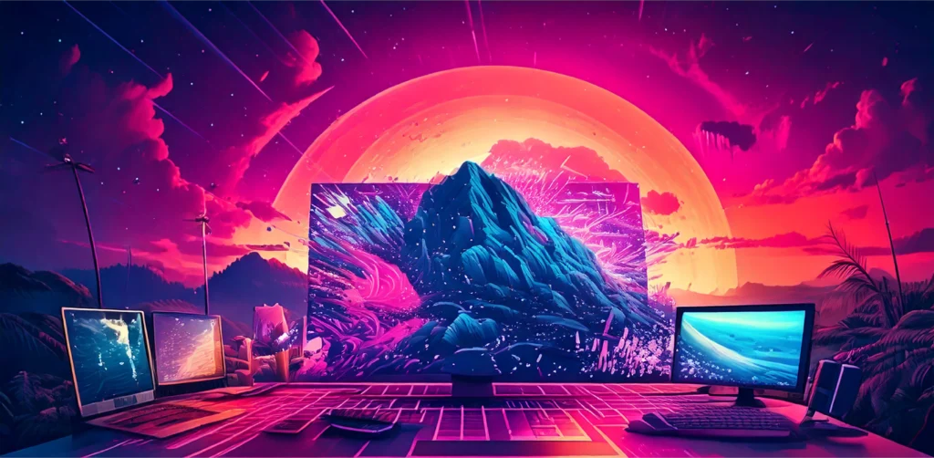 Des ordinateur sont posés sur un bureau et se confondent avec l'horizon composé de Montagnes et de couché de Soleil.