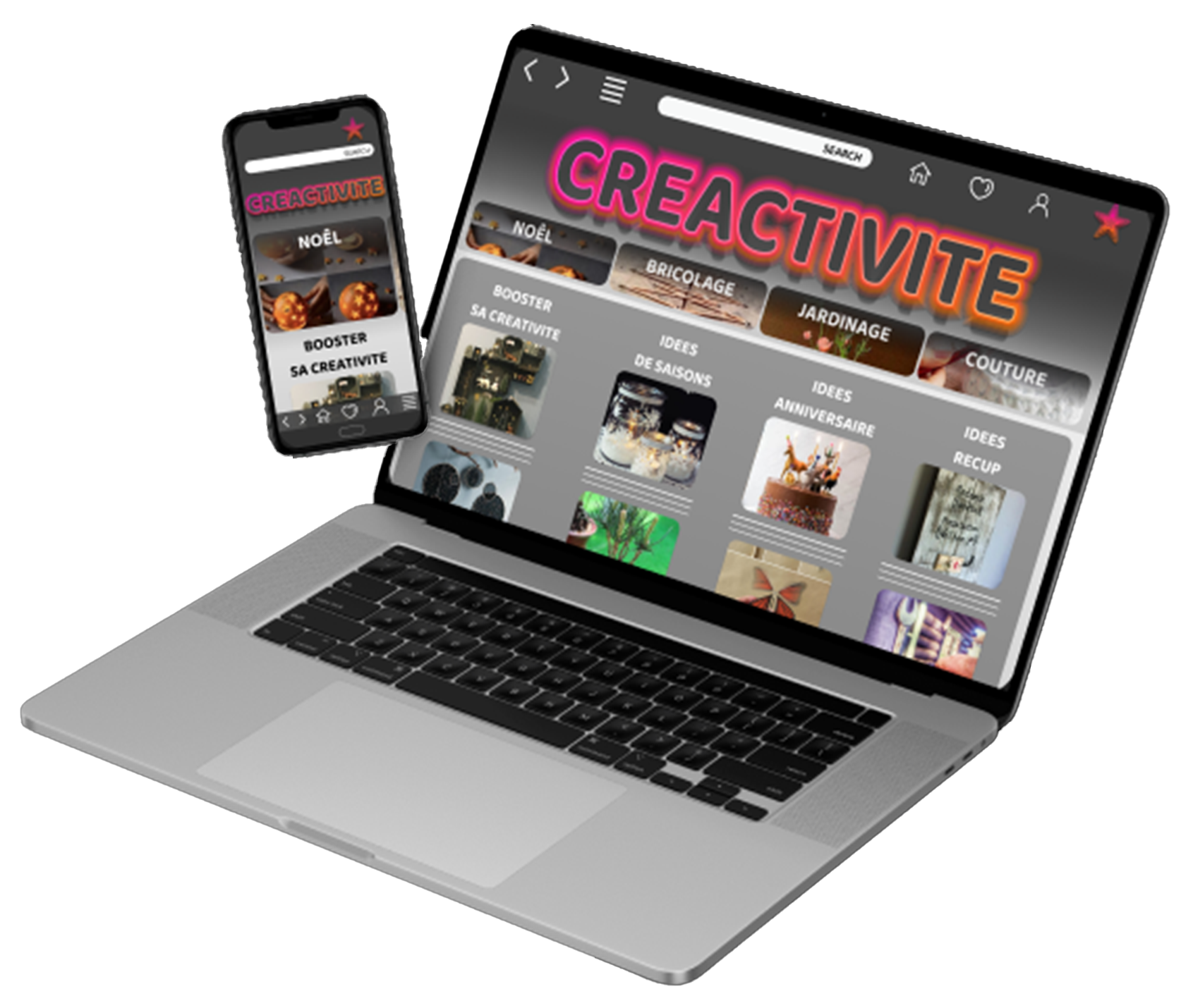 Créactivité Créactivité. Mockup d'ordinateur portable et de téléphone mobile présentant l'application "CREACTIVIT2" pour le bien commun.